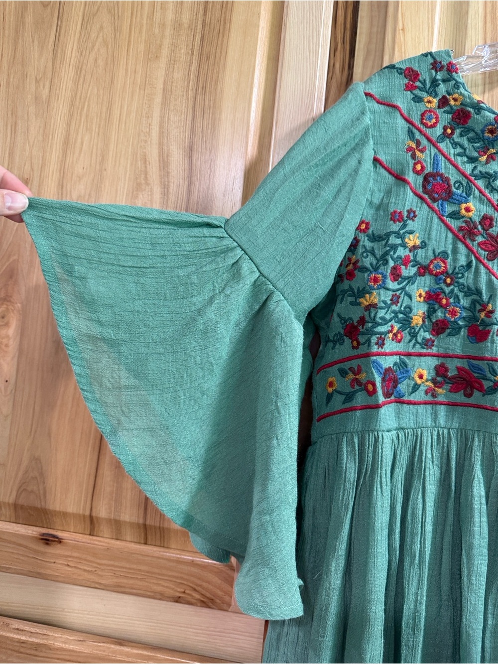 Umgee Size S Embroidered Green Babydoll Boho Hippie Flare Sleeve Tunic/Dress - Picture 3 of 8